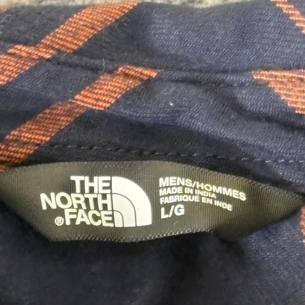 The North Face Mens Large Navy Blue Orange Plaid Cotton Flannel Button Up Shirt